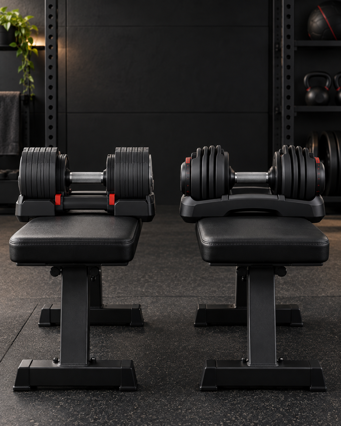 Two adjustable dumbbell systems shown side by side