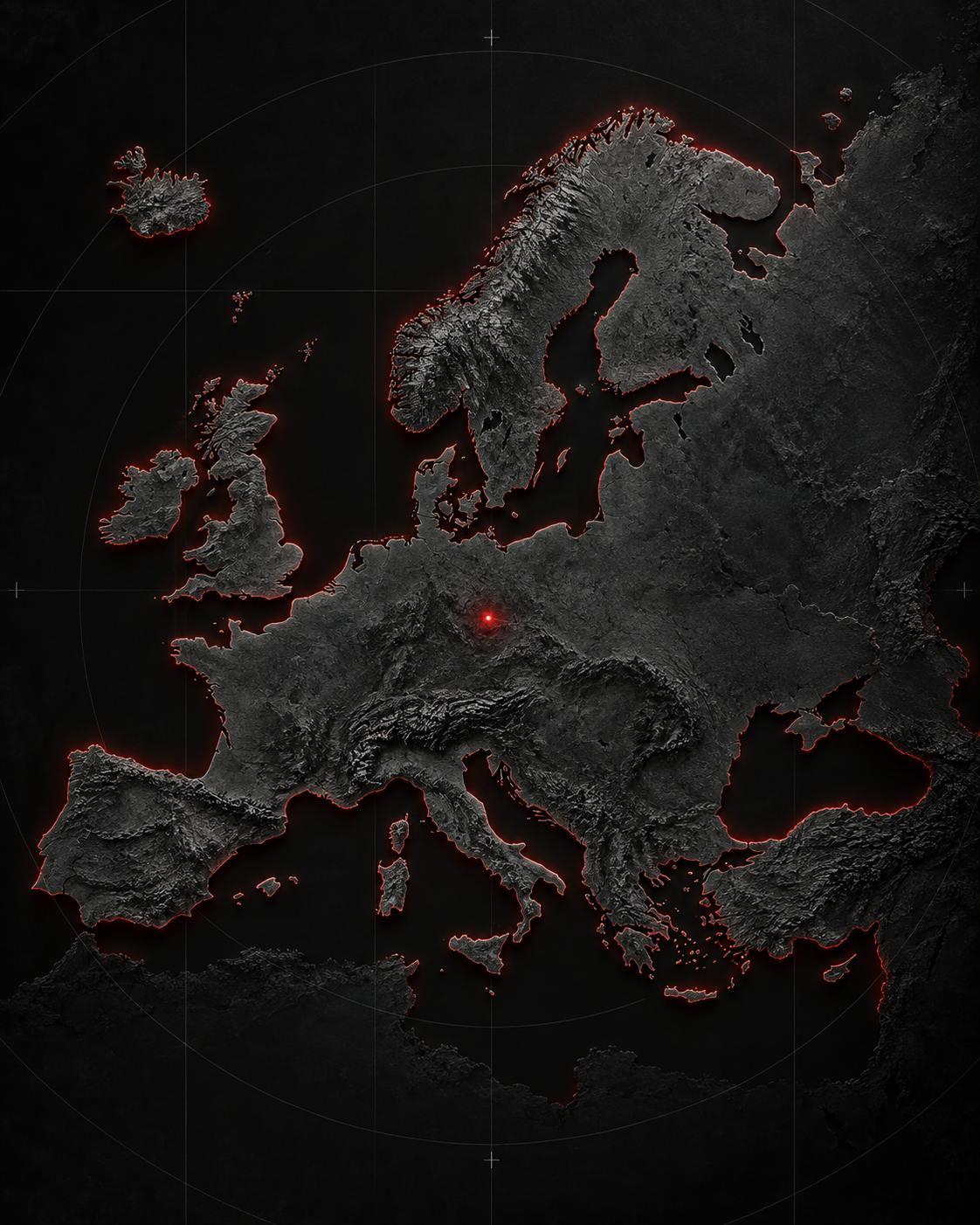 Stylised dark relief map of Europe with a red central location point
