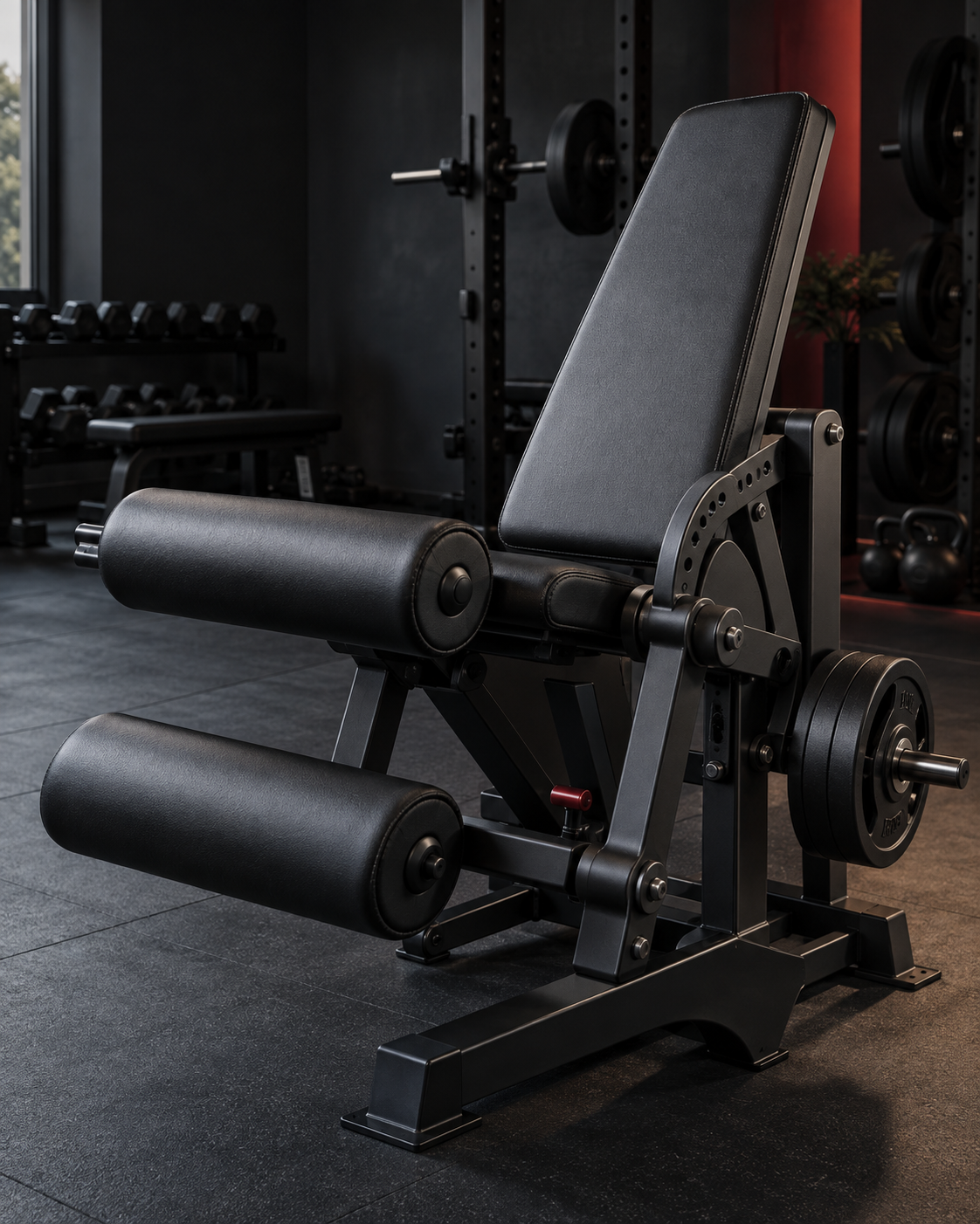Detailed view of a leg extension machine in a home gym